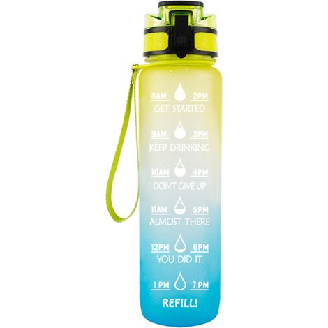 Motivierende 1-Liter-Trinkflasche mit Druckverschluss, herausnehmbarem Filter und Tragegriff (Gelb-Blauer Farbverlauf) – Großes Fassungsvermögen von 946 ml