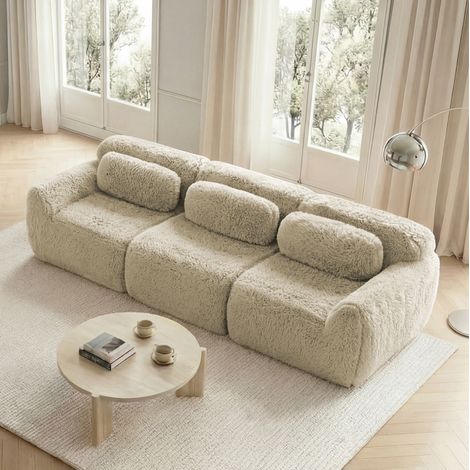 Canapé d’angle modulable 180/200 cm en tissu peluche, sans montage, 3 colis, kaki clair (1/5)