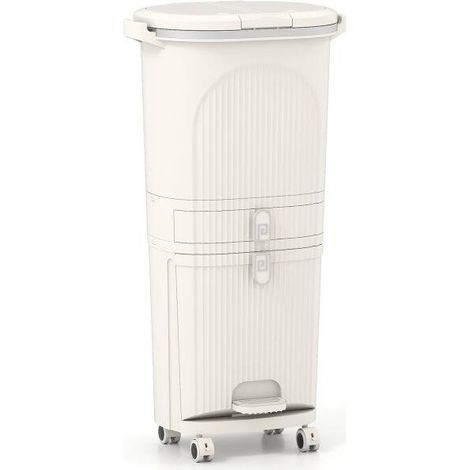 Poubelle de tri beige à 3 compartiments avec 2 bacs de 12 L, bac basculant de 14 L et roues, pour cuisine et salle à manger (1/5)