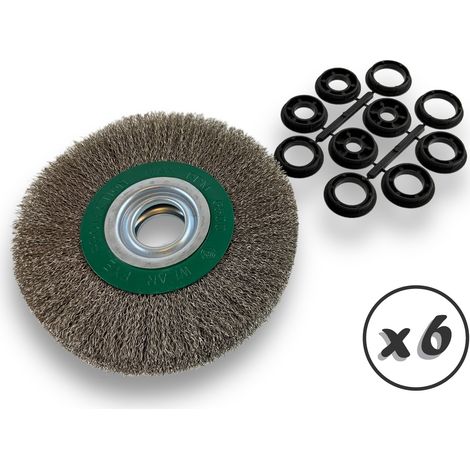 Lot de 6 brosses circulaires INOX Ø 175 mm Epaisseur 3 rangs Fil dur 0.30 mm ondulé Alésage 32 mm + réducteur bague 25/22/20/16/12 mm Touret affûteuse ponceuse Kibros 235178ITx6 (1/5)