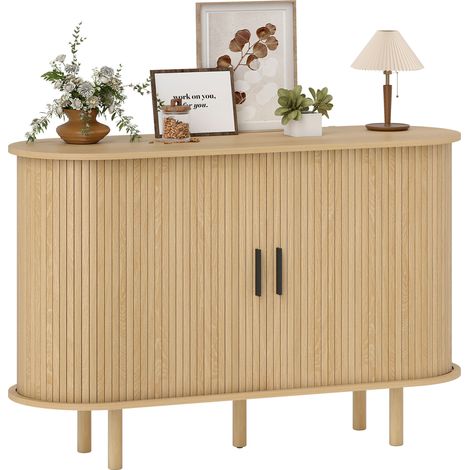 Buffet portes coulissantes tambour 4 compartiments pieds bois chêne 120x40x78 cm (1/5)