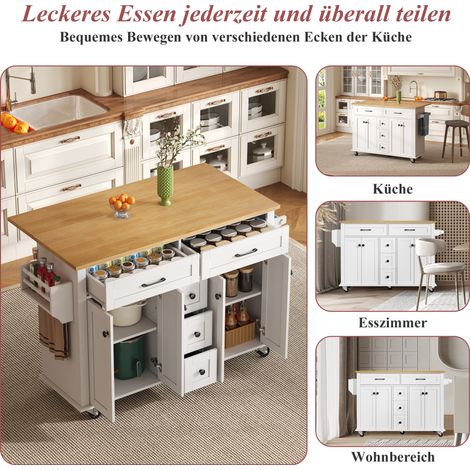 Chariot de cuisine polyvalent avec plan de travail rabattable, extensible 120×65 cm, 5 tiroirs, armoires, porte-épices et porte-serviettes, sur roulettes – îlot de cuisine pour cuisine, salle à manger (1/5)