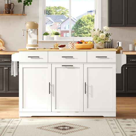 Isola cucina mobile con piano di lavoro ribaltabile, carrello cucina su ruote con 3 ampi cassetti, 2 ripiani sulle ante e mobiletto per pattumiera, 136 × 50 (75) × 92 cm (1/5)