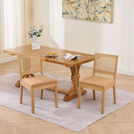 Lot de 2 chaises de salle à manger,dossier cannage façon rotin, assise rembourrée en lin beige camel,structure bois,56x48x86,5 cm (1/5)