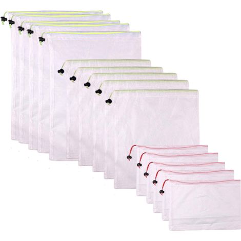 Lot de 15 sacs à provisions réutilisables, lavables, en filet avec cordon de serrage, pour le rangement des fruits et légumes dans (1/5)