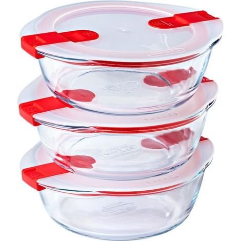 Set von 3 Lunchboxen - PYREX - Cook & Heat - Glas - Rund - Deckel mit speziellen Dampflöchern für die Mikrowelle - 1,1 L