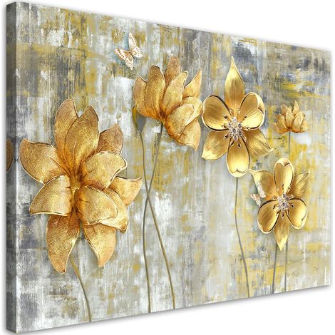 Tableau sur toile fleurs et papillons dorés 100x70 – Toile canvas 240 g/m² – Impression UVgel FLXfinish résistante