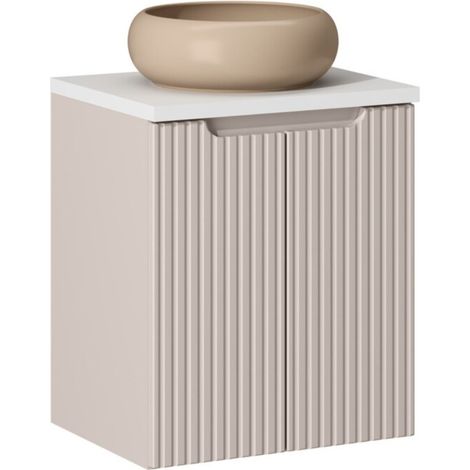 Insieme VANO cachemire e bianco 50cm: mobile sottolavabo con armadietti + piano per lavabo + lavabo rotondo cappuccino da appoggio