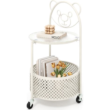 COSTWAY Mobile Glass Coffee Table 2-Tier Round End Table w/Bear Pattern (1/5)