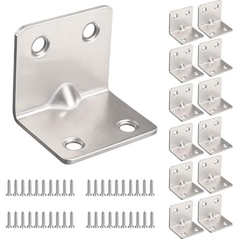 Set of 12 brackets angle (30 × 30 × 40) in metal, for assembly wood, repair of furniture, connector in L stainless steel silver (1/5)