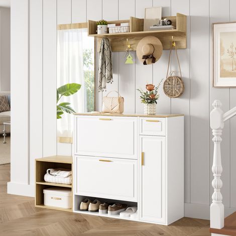 Ensemble de vestiaire 139.5x35x166 cm blanc et naturel en panneaux de particules avec miroir et banc (1/5)