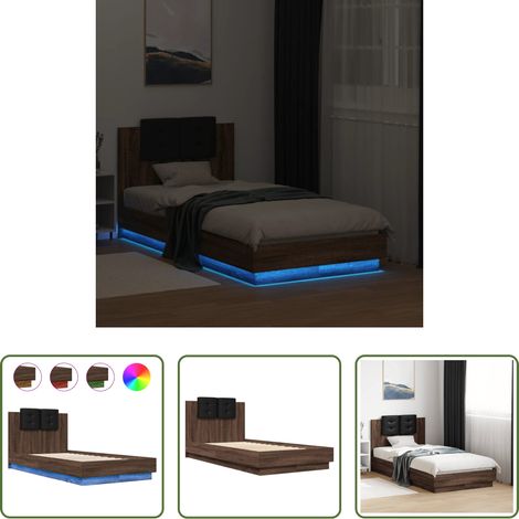 vidaXL LED-Leuchten - Bettgestell mit Kopfteil und LED-Leuchten Braun Eiche 75x190 cm (1/5)