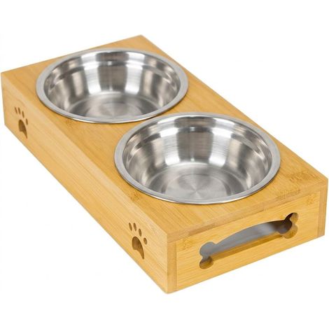 Gamelle Chien, Chat, Double Bol Amovible Inoxydable, Base Antidérapante en Bambou (Acier Inoxydable, Double) (1/5)
