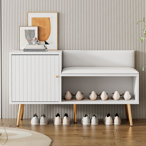 Mobile per scarpe 100 cm, moderno di lusso con spazio di contenimento, panca e schienale imbottiti - scaffale per scarpe con maniglie e piedi in metallo - perfetto per gli ingressi - bianco (1/5)
