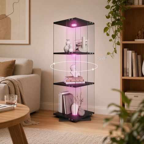 Vitrine pour collection avec étagères à 360 degrés, Vitrine en verre avec éclairage LED réglable, Vitrine sur pied en verre trempé, 38 x 38 x 121 cm, Noir (1/5)