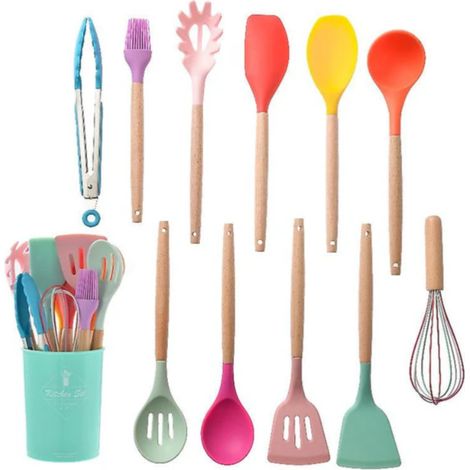 Juego de utensilios de cocina de silicona con mangos de madera, espátula antiadherente, cucharón y batidor de huevos, para cocinar a diario. (1/5)