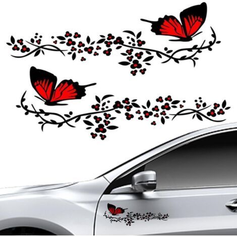 2 Pcs Autocollant Voiture, Stickers pour Voiture Avec Motif Papillons et Fleurs,Stickers Personnalisé pour Capot Couverture de Voiture,Moto,Planches à Roulettes,Valises,Murs(Rouge et Noir) (1/5)