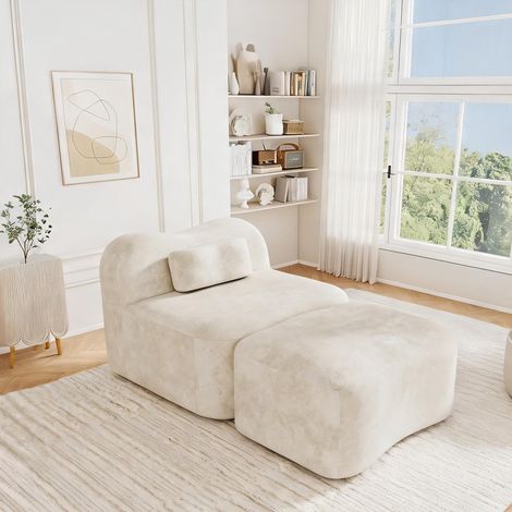 Sofa modulaire beige avec pouf en velours sans cadre (1/5)