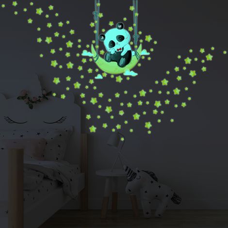 Sticker phosphorescent lumineux - PANDA BALANÇOIRE DE LUNE ET 130 ÉTOILES - Autocollant mural plafond enfant - 75x60cm (1/5)