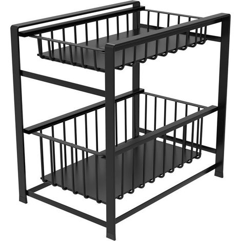 Étagère de rangement cuisine en métal à 2 niveaux extractible Noir (1/5)