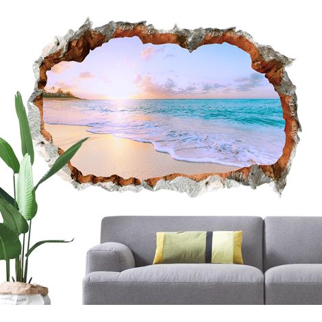 Autocollants muraux de plage, autocollant mural à trou cassé - d’écran de bâton de paysage  Autocollant adhésif à travers le mur, papier peint artistique, décorateur pour chambre à coucher (1/5)