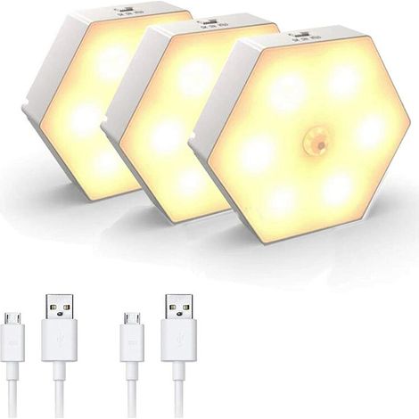 Veilleuse avec Détecteur de Mouvement [Lot de 3],avec Automatique On/Off LED Veilleuse, Lampe de chambre à coucher/Armoire,USB Rechargeable Lampes de Nuit. (1/5)