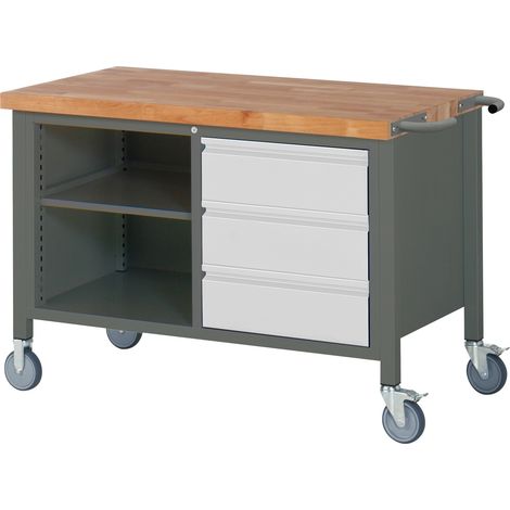 STIER Fahrbare Werkbank Premium mit 3 Schubladen und einem offenen Fach BxTxH 1250x700x880 mm