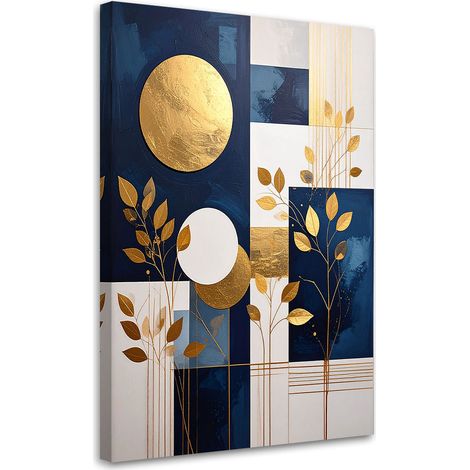Toile Imprimée, Abstraction de cercles et de feuilles bleues,20x30 (1/4)