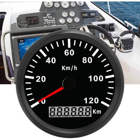 Compteur de vitesse GPS universel 85 mm 0-120 km/h pour voitures, camions, bateaux, moteurs, 12 V/24 V avec antenne GPS, fond noir et cadre noir. (1/5)
