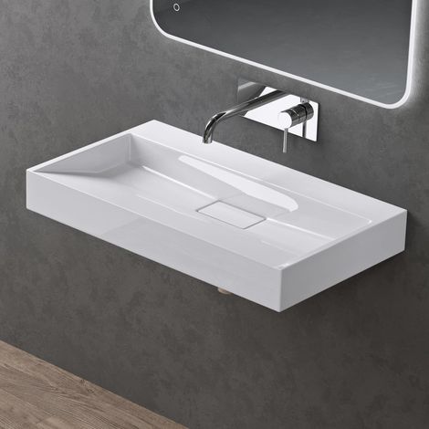 doporro Waschbecken Aufsatzwaschbecken Hängewaschbecken Waschtisch Mineralguss-Waschbecken Colossum19 80cm ohne Armaturloch weiß matt inkl. Ablaufgarnitur