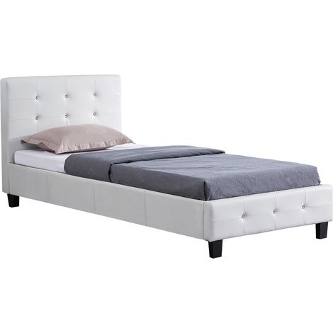 Idimex – Lit simple 90x190 cm TICO – Structure capitonnée – 4 pieds robustes – Sommier à lattes inclus – Couleur blanche (1/4)