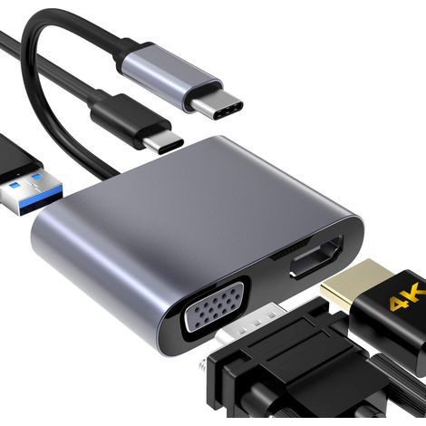 USB-C-auf-VGA-HDMI-Adapter, 4-in-1-Hub (USB-C auf VGA, HDMI, 4K UHD) mit 87-W-PD-Ladeanschluss und USB-3.0-Anschluss, kompatibel mit MacBook Pro/Air, Dell, HP, Samsung S8/S9, Huawei Mate 30 und weiter (1/5)