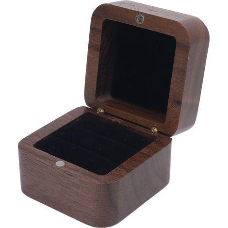 Boîte à bagues en bois de noyer, rembourrage en mousse, style rétro, idéale pour les fiançailles, les mariages, les bijouteries et les salons professionnels. Dimensions : 5,5 x 5,5 x 4 cm. (1/5)