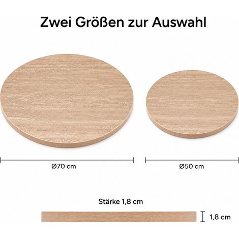 Deux tailles – parfaitement combinables pour toutes les pièces, Ø70 cm et Ø50 cm, plateau rond aspect travertin élégant (1/4)