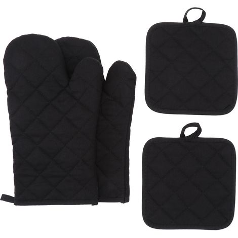 Gants de cuisine longs en coton épais résistant aux hautes températures (500 degrés), ensemble de quatre pièces avec dessous de plat (12 pouces, noir) (1/5)