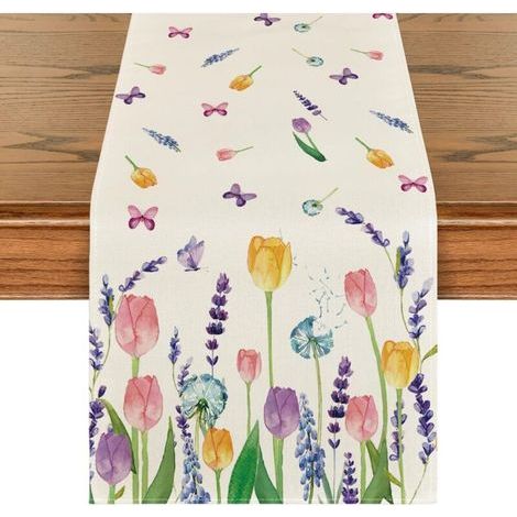 Runner da tavola - Motivo tulipani e lavanda, estivo - Decorazione stagionale per tavolo da cucina, casa, vacanze, feste - 33 x 183 cm (1/5)