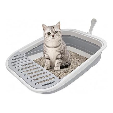 Bac à Litière Pliable Ouvert pour Chat, Gris, 45 x 34 x 12,5 cm Avec pelle, entrée basse et marche amovible anti-dispersion, pour chatons, petits chats et chats âgés (1/3)