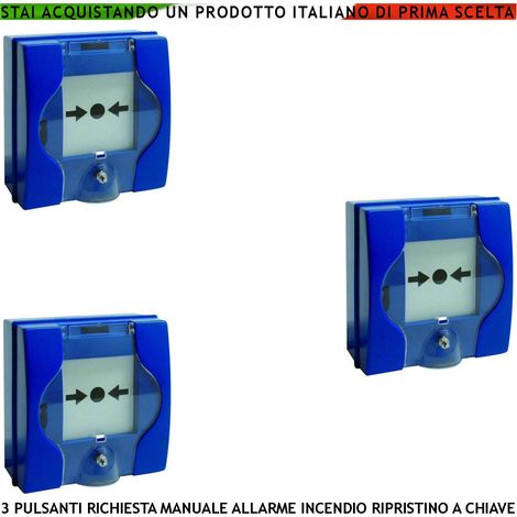 PULSANTI EMERGENZA ROTTURA VETRO BLU 3 PEZZI RICHIESTA INTERVENTO INCENDIO RIPRISTINO A CHIAVE SBLOCCA PORTE REI EN 54-11 CPD (1/4)