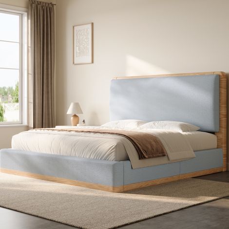 Cama 140x200 cm de MDF, tela de felpa gris y natural, cabecero estable, sin colchón – MEUBLIV (1/5)