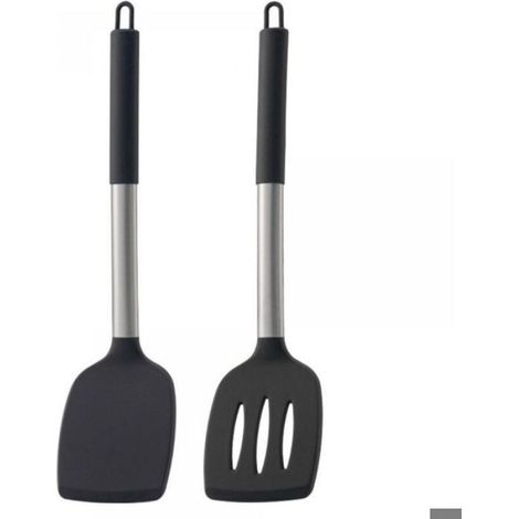 Ensemble de deux ustensiles de cuisine en silicone, comprenant des manches creux en acier inoxydable, une spatule pour wok