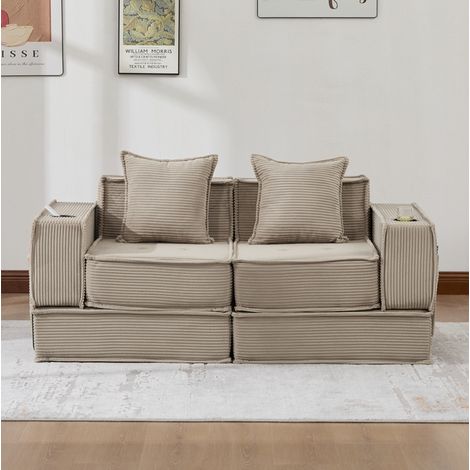 Canapé 2 places 162x78x66 cm kaki en velours côtelé avec coussins et poches latérales (1/5)