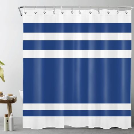 Bleu Marine et Blanc rayé Rideaux de Douche 180x200cm(LxH) Abstrait géométrique Rideaux de Bain avec Crochets, Classique Extra Longue Imperméable Polyester Anti Moule Salle de Bain Décor (1/5)