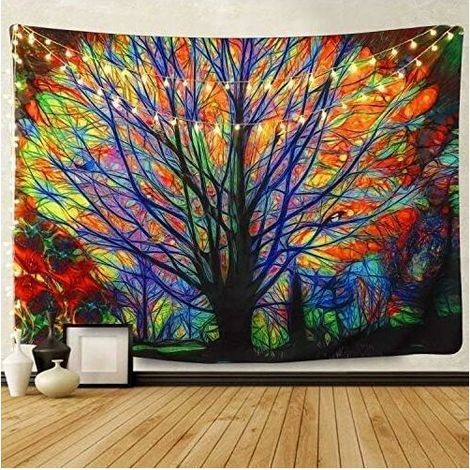 Tapisserie décorative colorée à motif d'arbre, tapisserie psychédélique mandala bohème pour salon ou chambre (tapisserie colorée, 153x130cm) (1/5)
