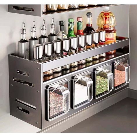 Étagère à épices murale de cuisine à double couche, sans perforation, support de rangement, adaptée aux armoires murales (4 compartiments) (1/4)
