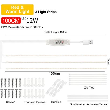 Ortviai Bande LED pour Plantes d'Intérieur – 100 cm, Lumière Rouge & Chaude 3000K, 4 Niveaux de Luminosité, Minuterie Intelligente 24 h