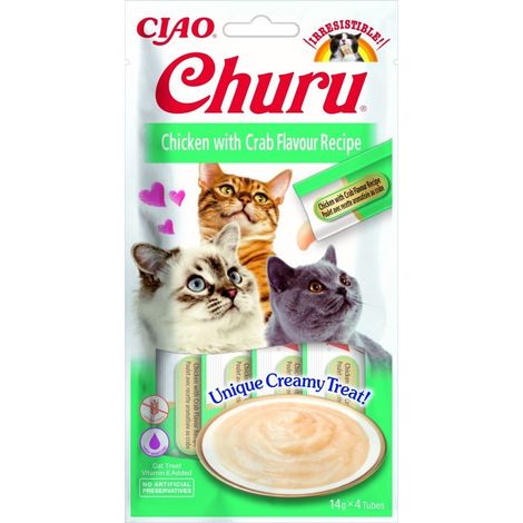 INABA Churu Snack per Gatti Cremoso con Pollo e Granchio - 1 Pack (4 Stick x 14gr) - Cibo per Gatti da Leccare, Sano e Delizioso - Snack Gatto Senza Conservanti o Coloranti Artificiali, Grain-Free