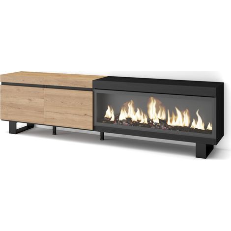 Skraut Home - Meuble TV, Banc Télé, Grand espace de Rangement, 210, Pour les TV jusqu'à 80", Cheminée électrique XXL, Design industriel, Style moderne, Chêne et noir (1/5)
