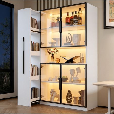 Vitrina de 110x35x160 cm con iluminación LED, estantes laterales deslizantes, MDF blanco y cristal (1/5)