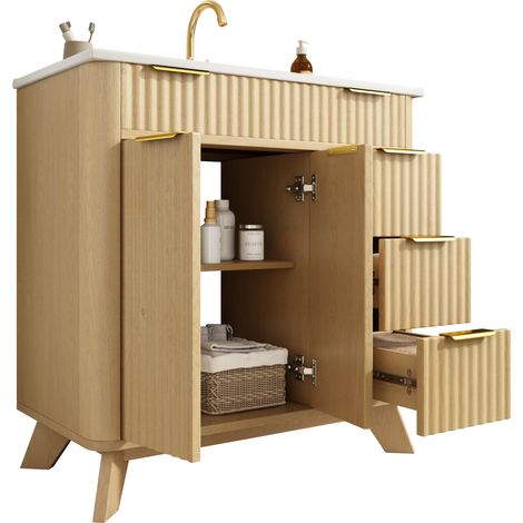 Mobile bagno 81x47x90 cm naturale in MDF e ceramica, 3 cassetti, senza rubinetto - CHICFURN (1/5)