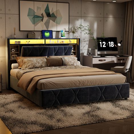 Lit coffre 160x200 cm avec USB et type-c, lumière LED, lit capitonné avec rangement, fonction hydraulique, lit double avec tête de lit rangement, velours, gris (1/5)